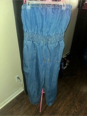 Denim Strapless Jumpsuit with Drawstring Waist